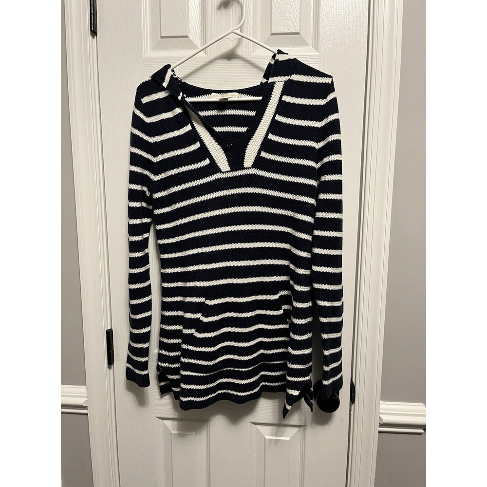 Saint Tropez West Cotton Hoodie Navy Cream Striped Knit Pullover Women Size M